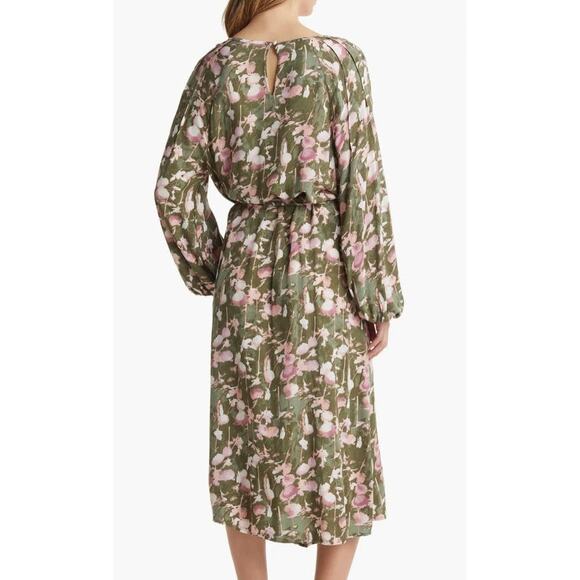 Caslon Long Sleeve Tie Waist Green Pink Abstract Midi Dress Size XXS - Picture 7 of 8